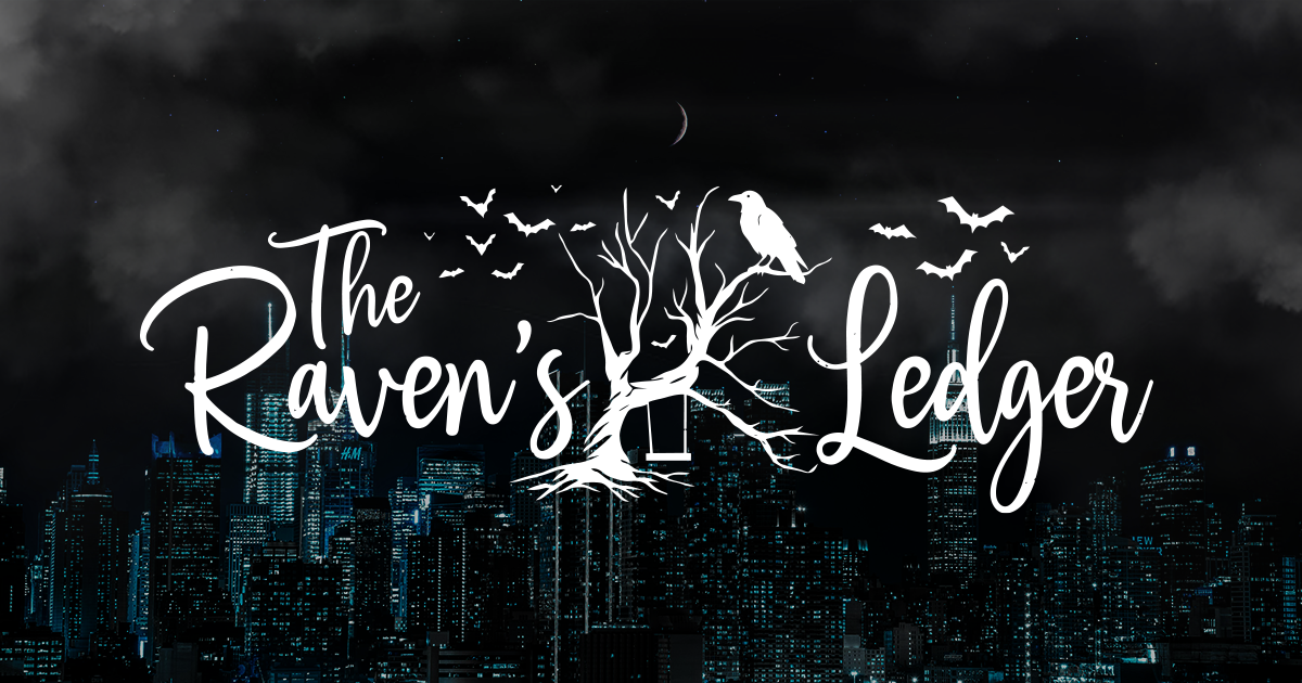 the ravens ledger blog banner with raven tree and city skyline at night